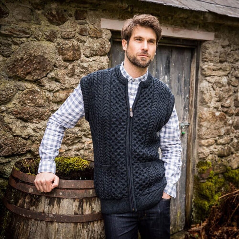 The Irish Store Men's Traditional Fisherman Zipper Vest in Navy Merino Wool, L
